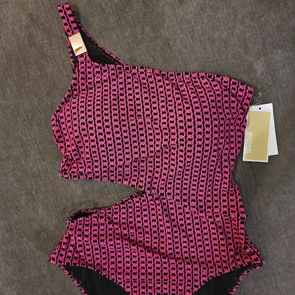 Michael Kors Black Pink Chain Pattern One Shoulder Cutout One Piece Swimsuit 12